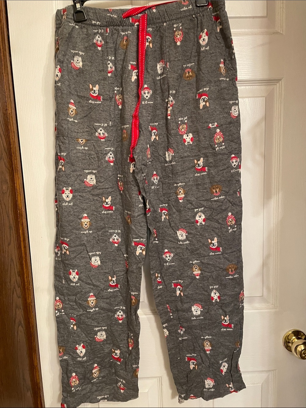 Cozy Women's Gray Dog-Print Pajama Pants with Red Drawstring